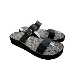 Brighton Sandals Size 10 Leather Black Medallion Wedge Slip On Cushioned Comfort